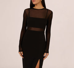 Long Sleeve Knit Crepe Mesh Illusion Column Dress In Black