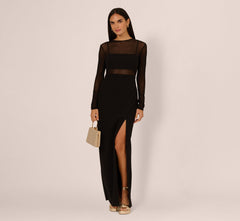 Long Sleeve Knit Crepe Mesh Illusion Column Dress In Black