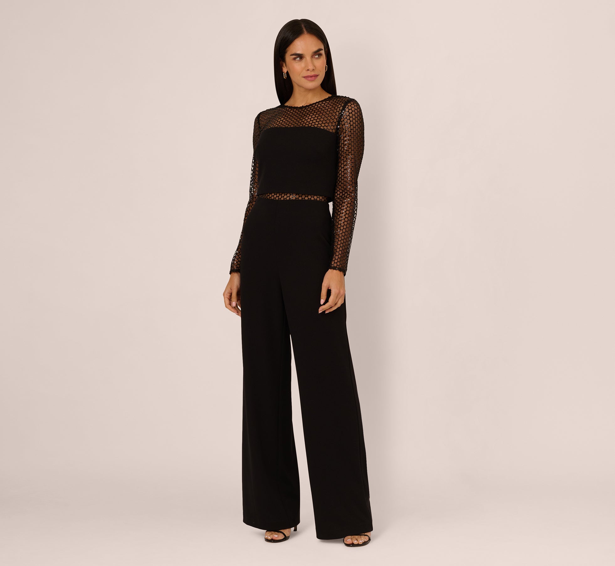 Long Sleeve Sequin Mesh Detail Jumpsuit In Black