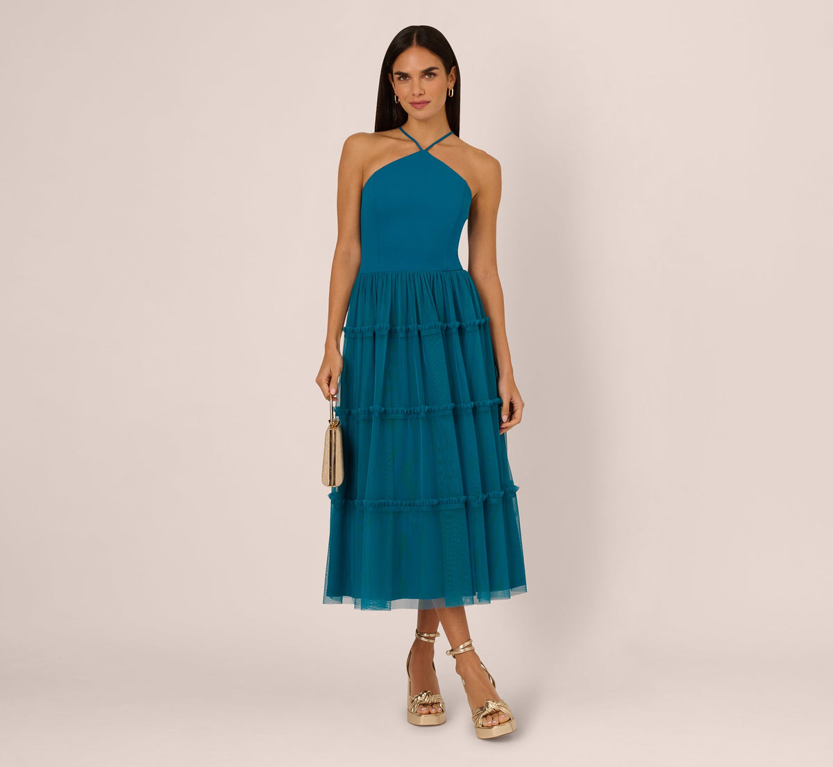 Knit And Mesh Tiered Midi Halter Dress In Peacock