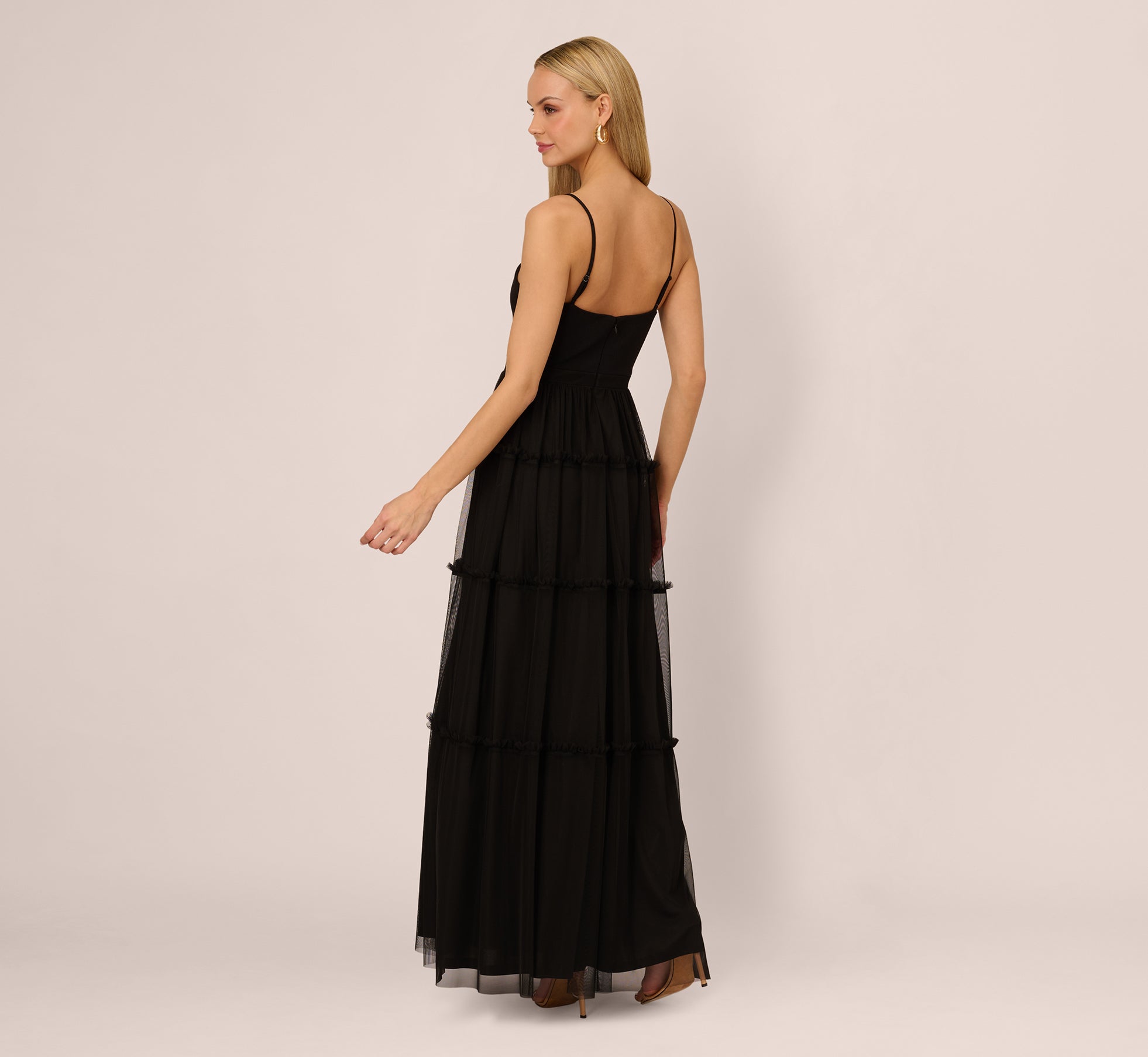 Sleeveless Notch Neck Tiered Mesh Gown In Black