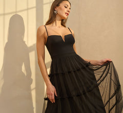 Sleeveless Notch Neck Tiered Mesh Gown In Black