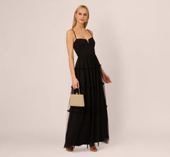 Sleeveless Notch Neck Tiered Mesh Gown In Black