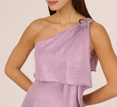 One Shoulder Foil Draped Popover Gown In Light Purple