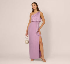 One Shoulder Foil Draped Popover Gown In Light Purple