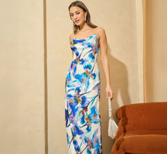 Embellished Strap Floral Satin Slip Dress In Blue Ivory Multi