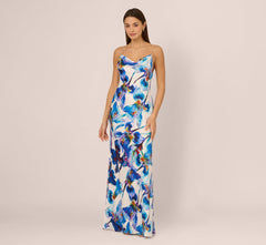 Embellished Strap Floral Satin Slip Dress In Blue Ivory Multi