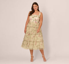 Plus Size Sleeveless Square Neck Floral Tiered Midi Dress In Green Multi