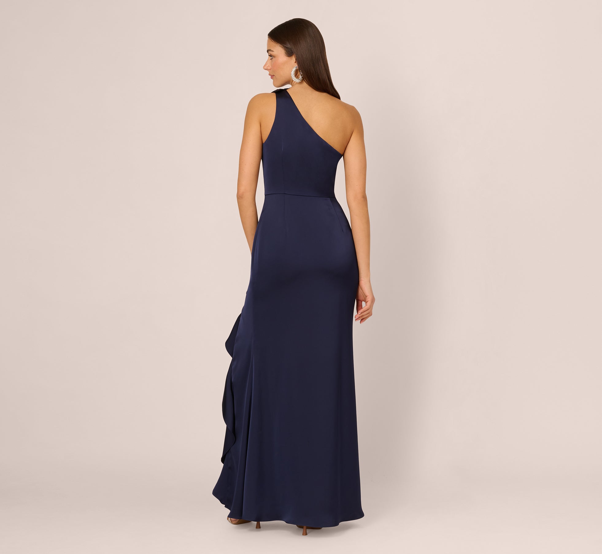 One Shoulder Satin Floral Applique Gown In Dark Navy