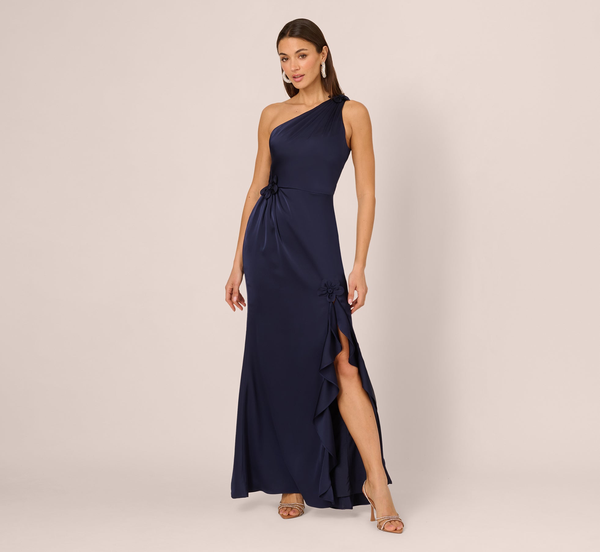 One Shoulder Satin Floral Applique Gown In Dark Navy
