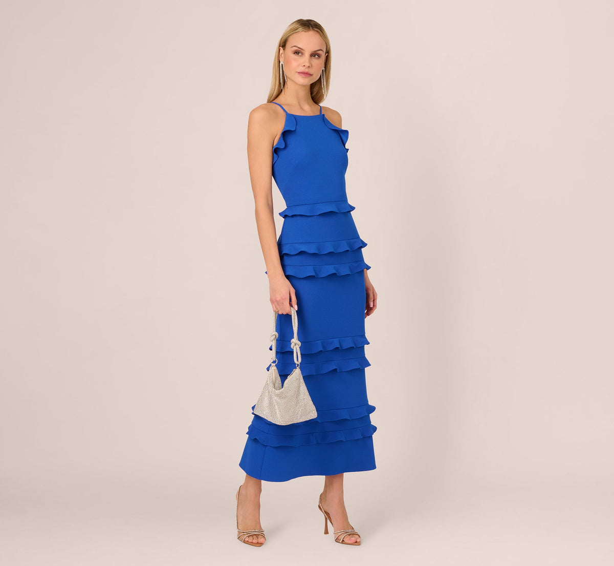 Sleeveless Crepe Flounce Midi Dress In True Blue