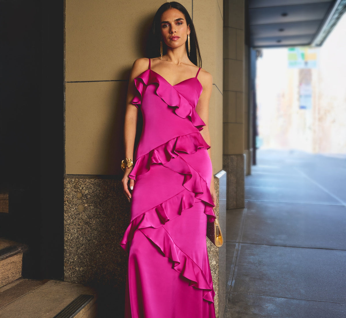 Satin Cascade Ruffle Slip Gown In Electric Passion