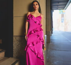 Satin Cascade Ruffle Slip Gown In Electric Passion