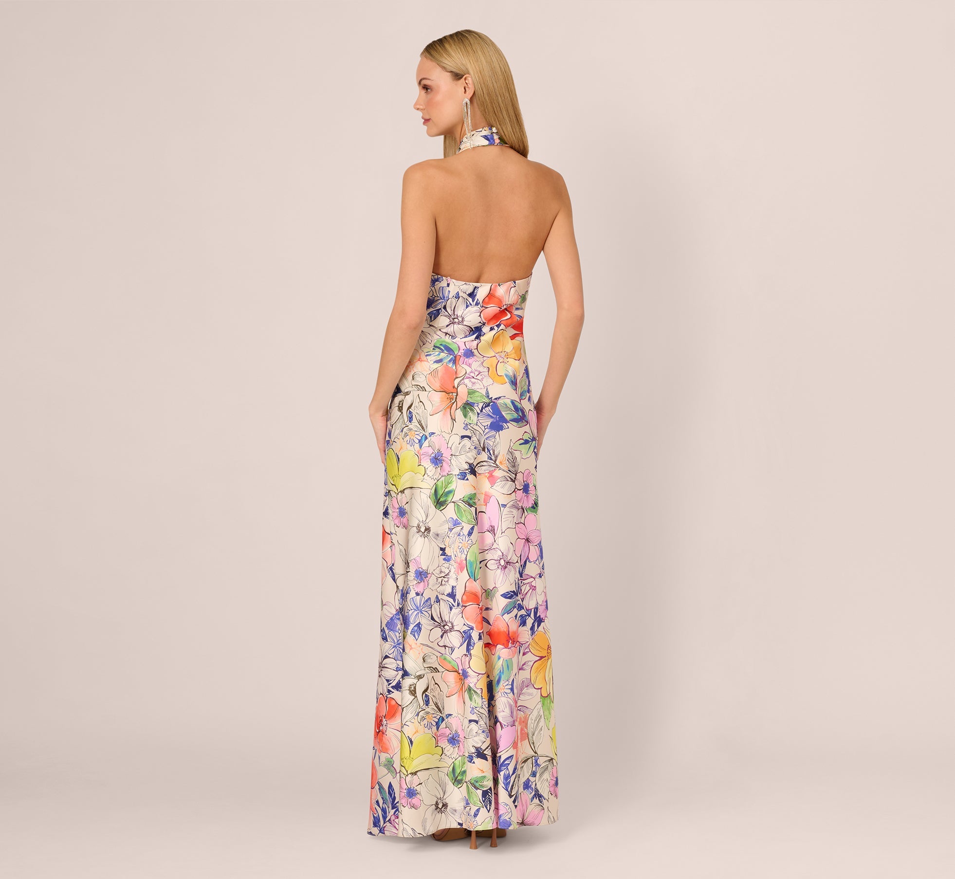 Bias Cut Floral Satin Halter Gown In Ivory Multi