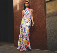 Bias Cut Floral Satin Halter Gown In Ivory Multi