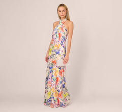 Bias Cut Floral Satin Halter Gown In Ivory Multi