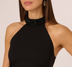 Beaded Detail Halter Midi Sheath Dress In Black