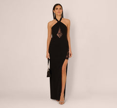 Lace Panel Cutout Halter Gown In Black