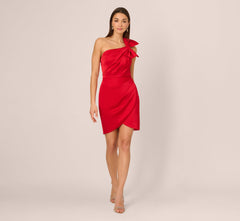 One Shoulder Satin Bow Cocktail Dress In Hot Pepper