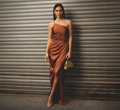 One Shoulder Ruched Satin Gown In Cinnamon