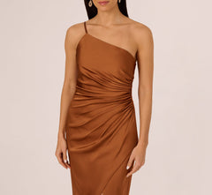 One Shoulder Ruched Satin Gown In Cinnamon