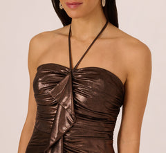 Foil Ruched Ruffle Halter Midi Dress In Cinnamon