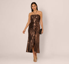 Foil Ruched Ruffle Halter Midi Dress In Cinnamon
