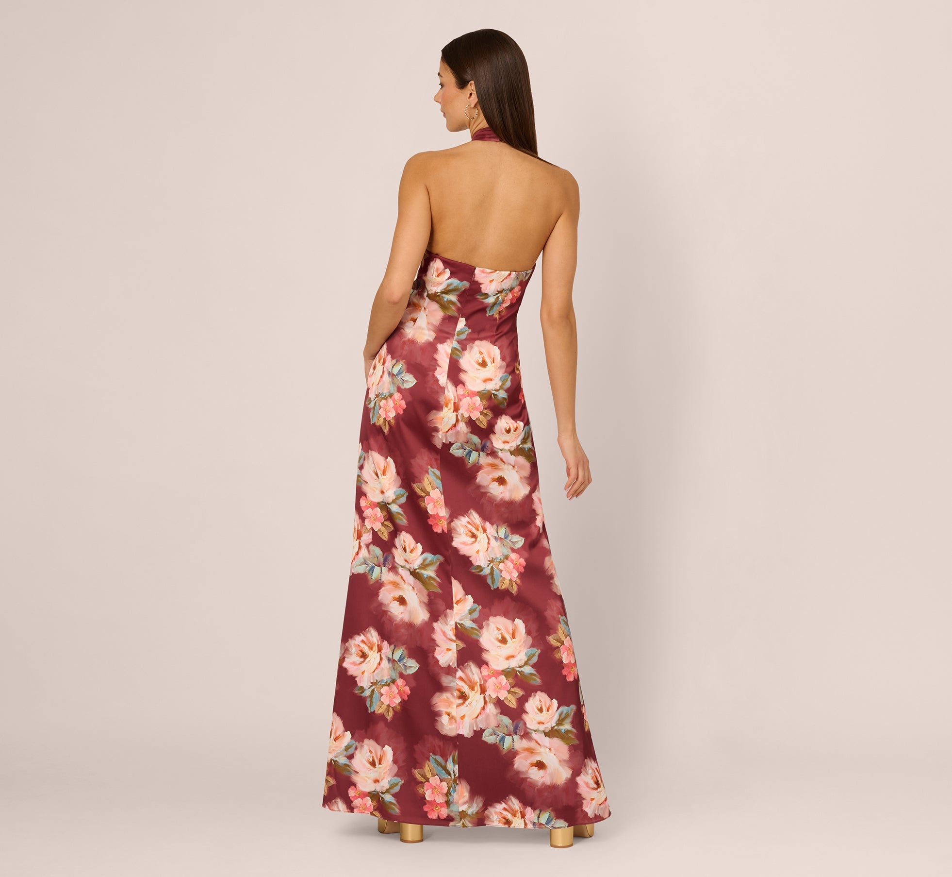 Floral Satin Twist Waist Halter Gown In Brown Multi