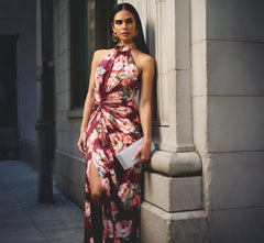 Floral Satin Twist Waist Halter Gown In Brown Multi
