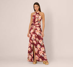 Floral Satin Twist Waist Halter Gown In Brown Multi