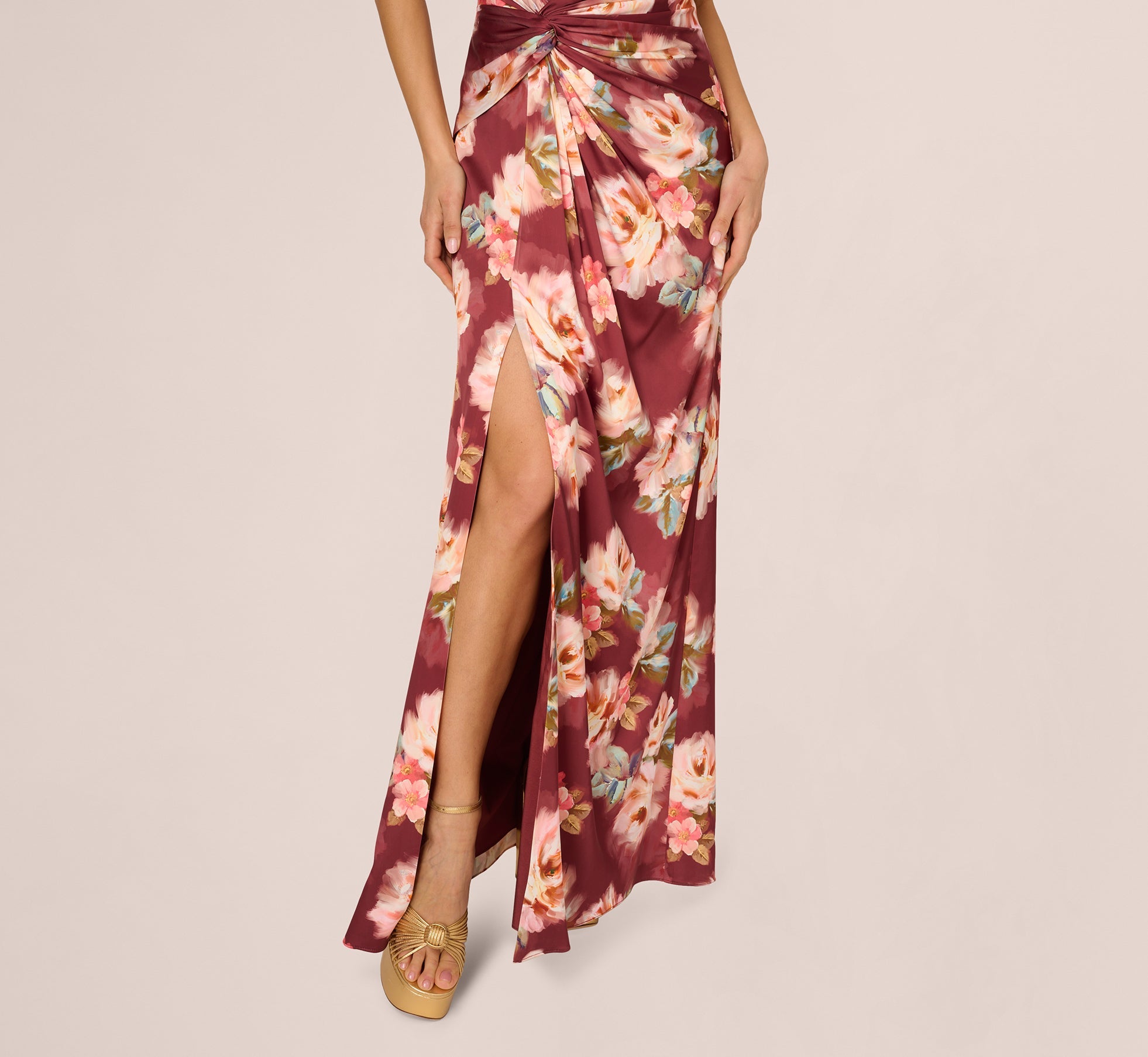 Floral Satin Twist Waist Halter Gown In Brown Multi
