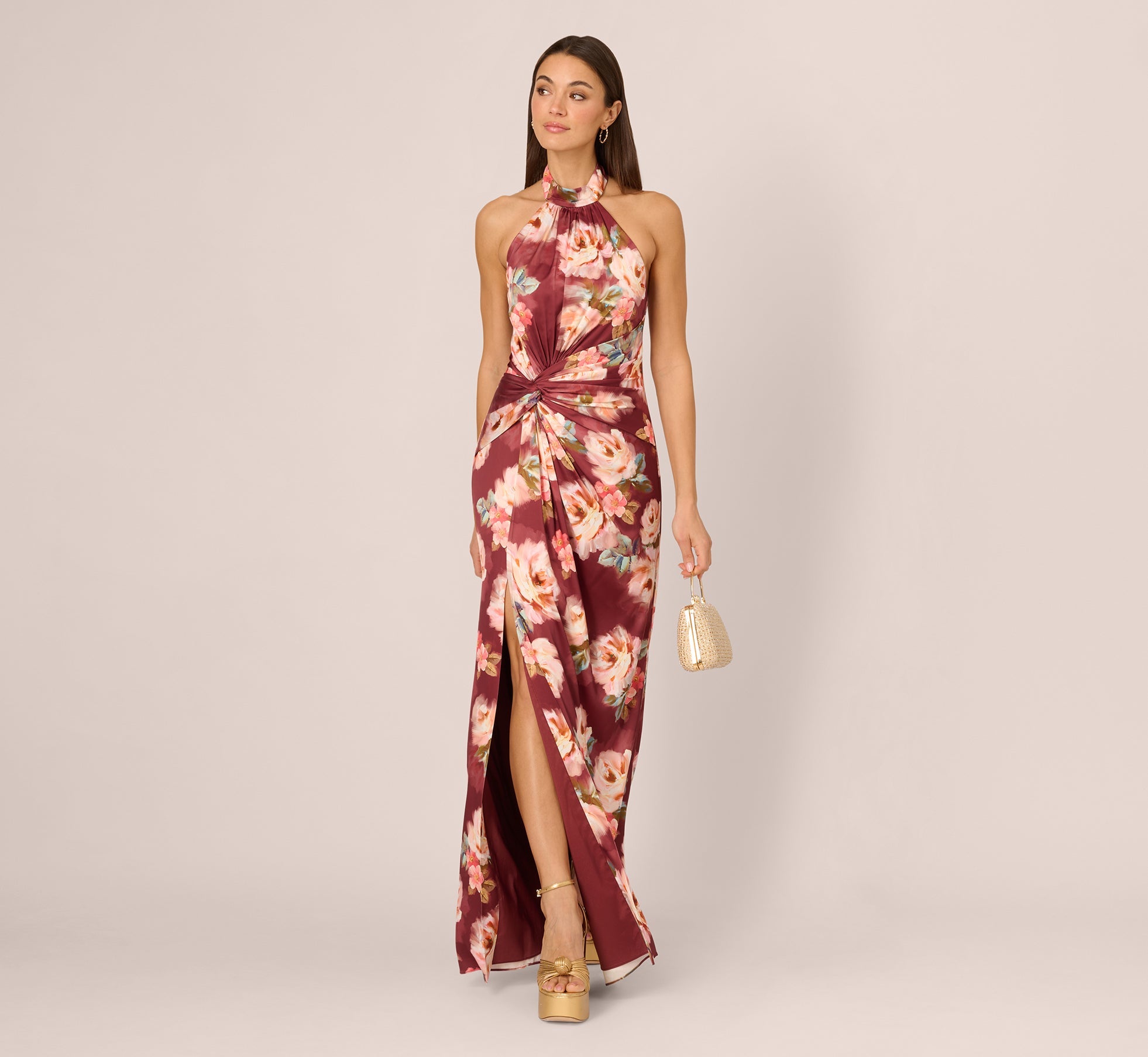 Floral Satin Twist Waist Halter Gown In Brown Multi