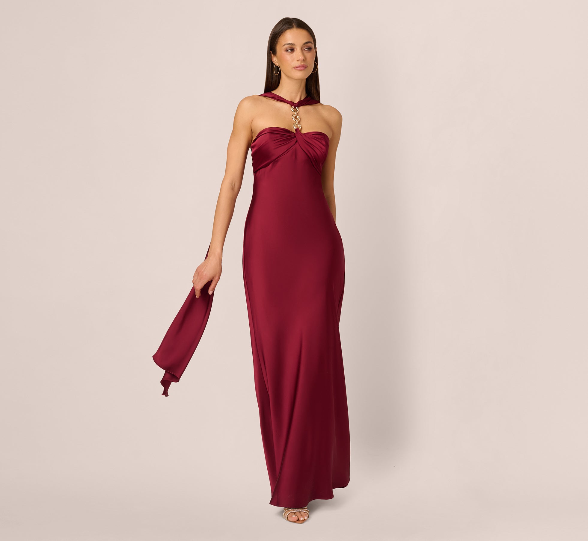 Strapless Scarf Chain Satin Dress In Crimson Haze