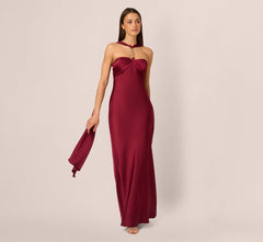 Strapless Scarf Chain Satin Dress In Crimson Haze