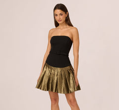 Strapless Drop Waist Belted Combo Cocktail Dress In Black Gold