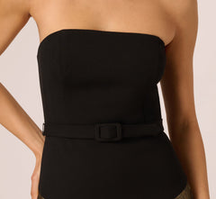 Strapless Drop Waist Belted Combo Cocktail Dress In Black Gold