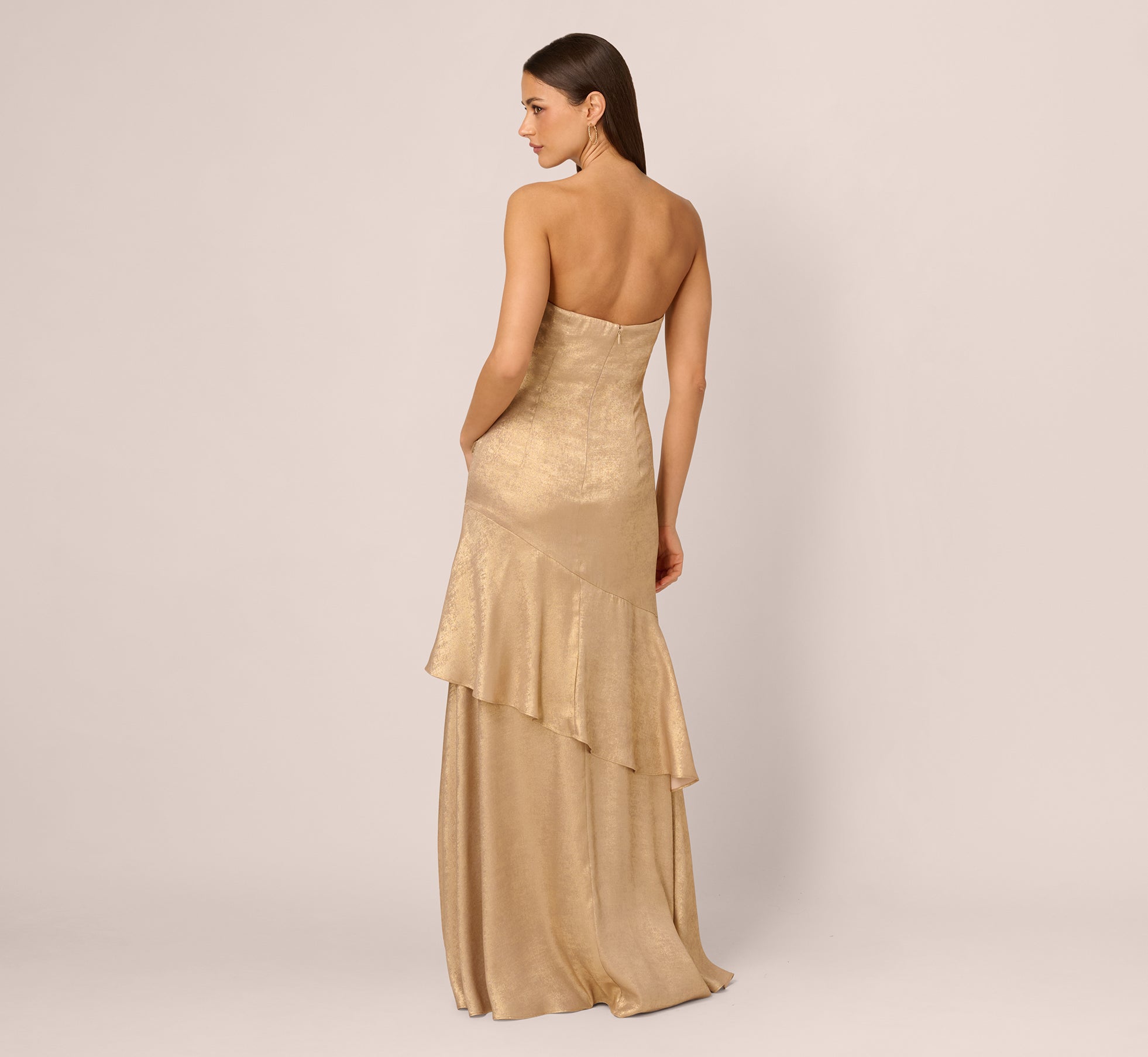 Strapless Foil Flounce Gown In Light Gold