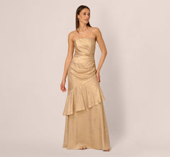 Strapless Foil Flounce Gown In Light Gold