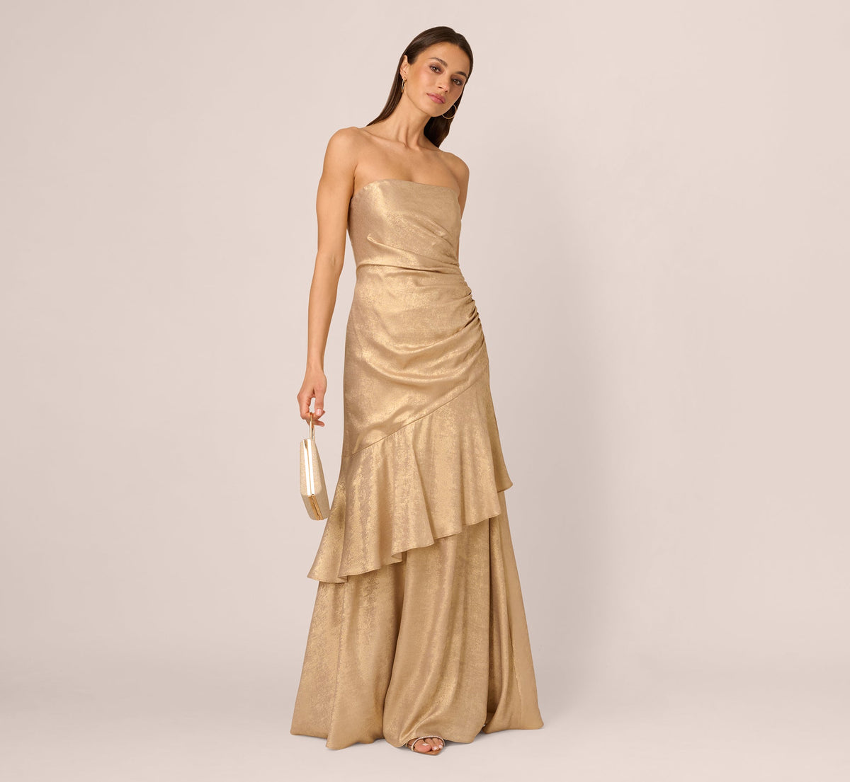 Strapless Foil Flounce Gown In Light Gold