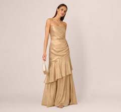 Strapless Foil Flounce Gown In Light Gold
