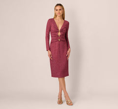 Long Sleeve Metallic Knit Midi Cocktail Dress In Crimson Haze