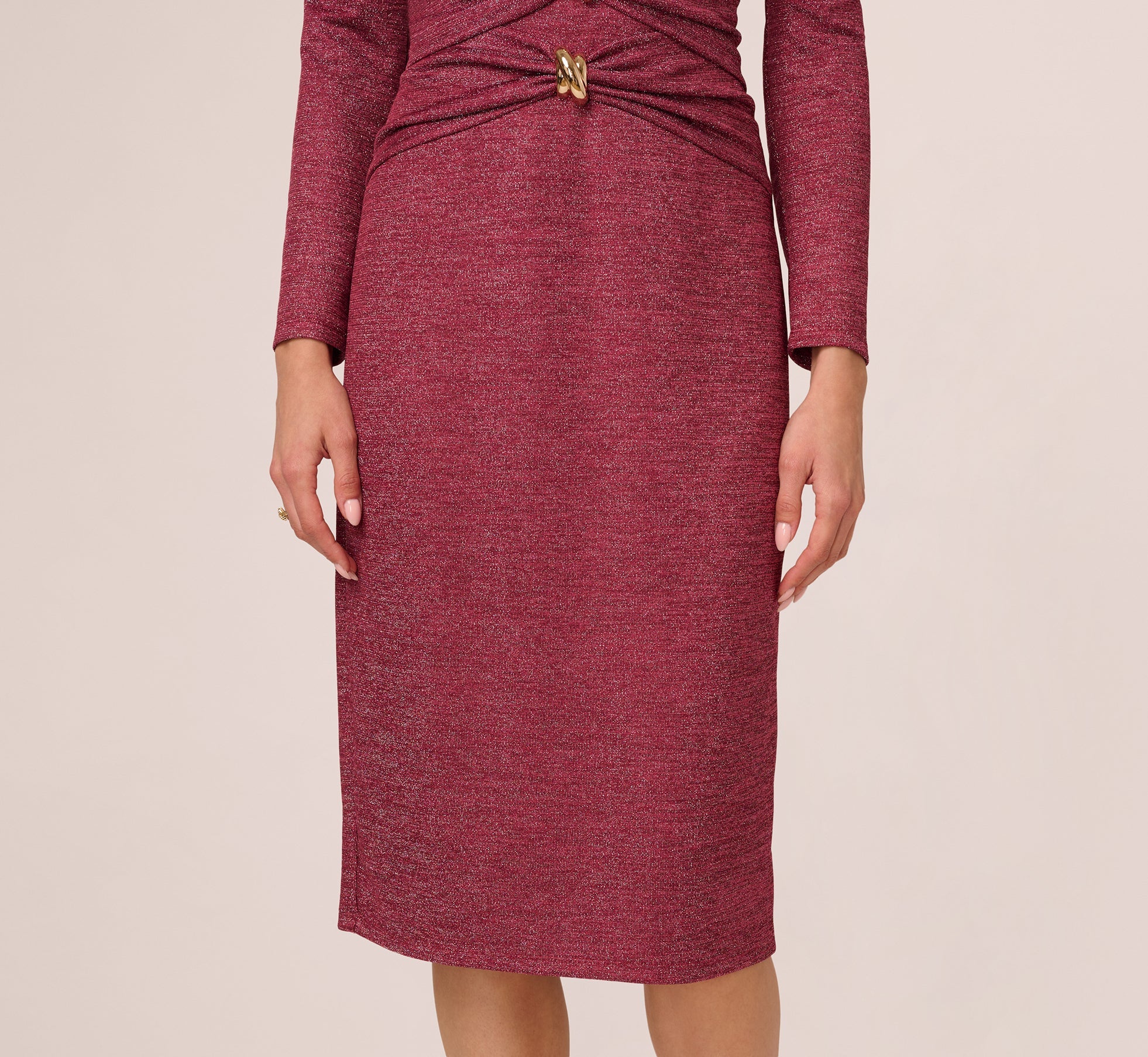 Long Sleeve Metallic Knit Midi Cocktail Dress In Crimson Haze
