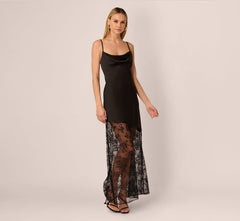 Sleeveless Satin Lace Maxi Gown In Black