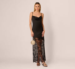 Sleeveless Satin Lace Maxi Gown In Black