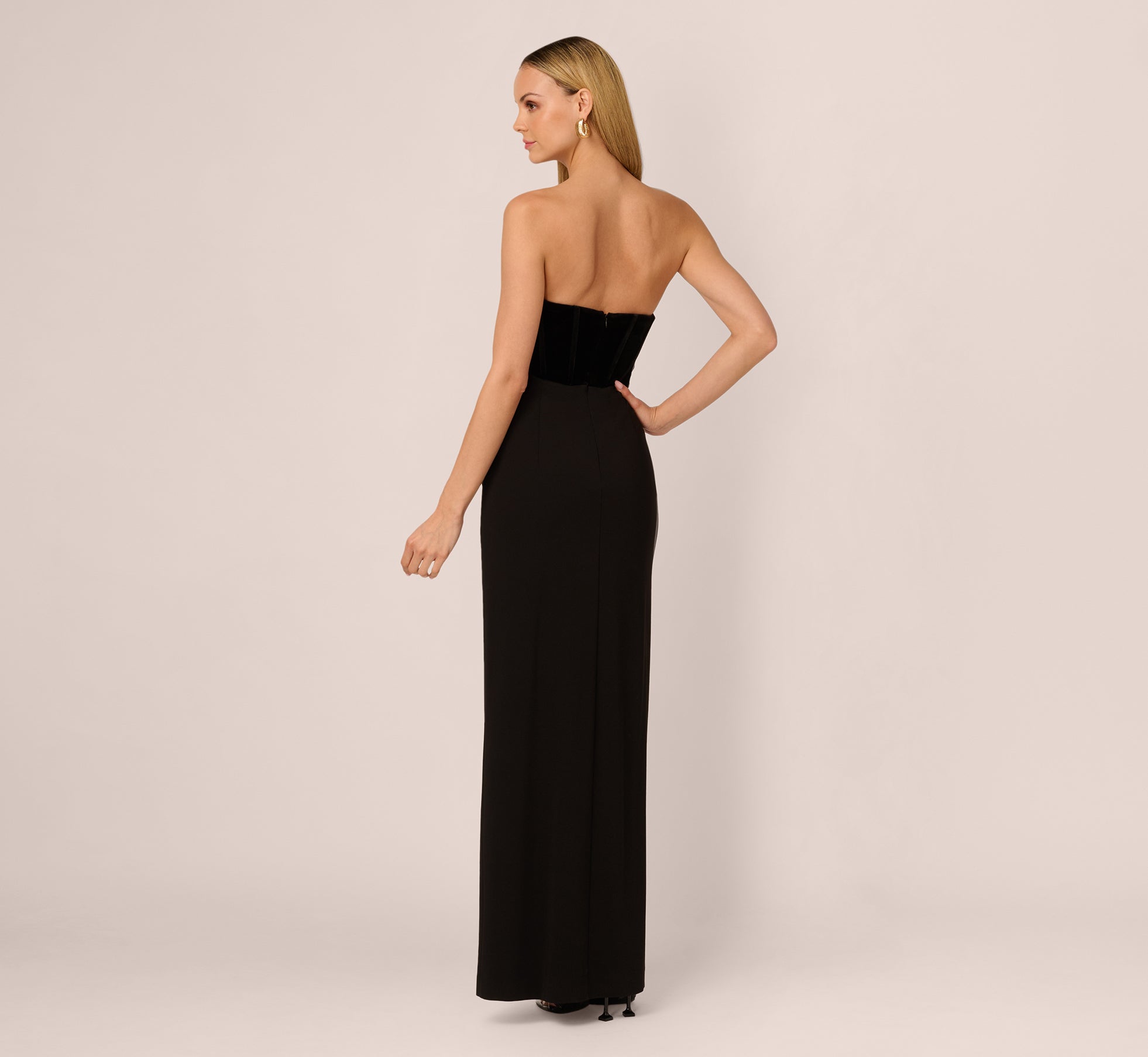 Strapless Velvet Jersey Combo Gown In Black