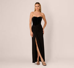 Strapless Velvet Jersey Combo Gown In Black