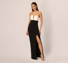 Strapless Plunge Color Block Gown In Black Ivory