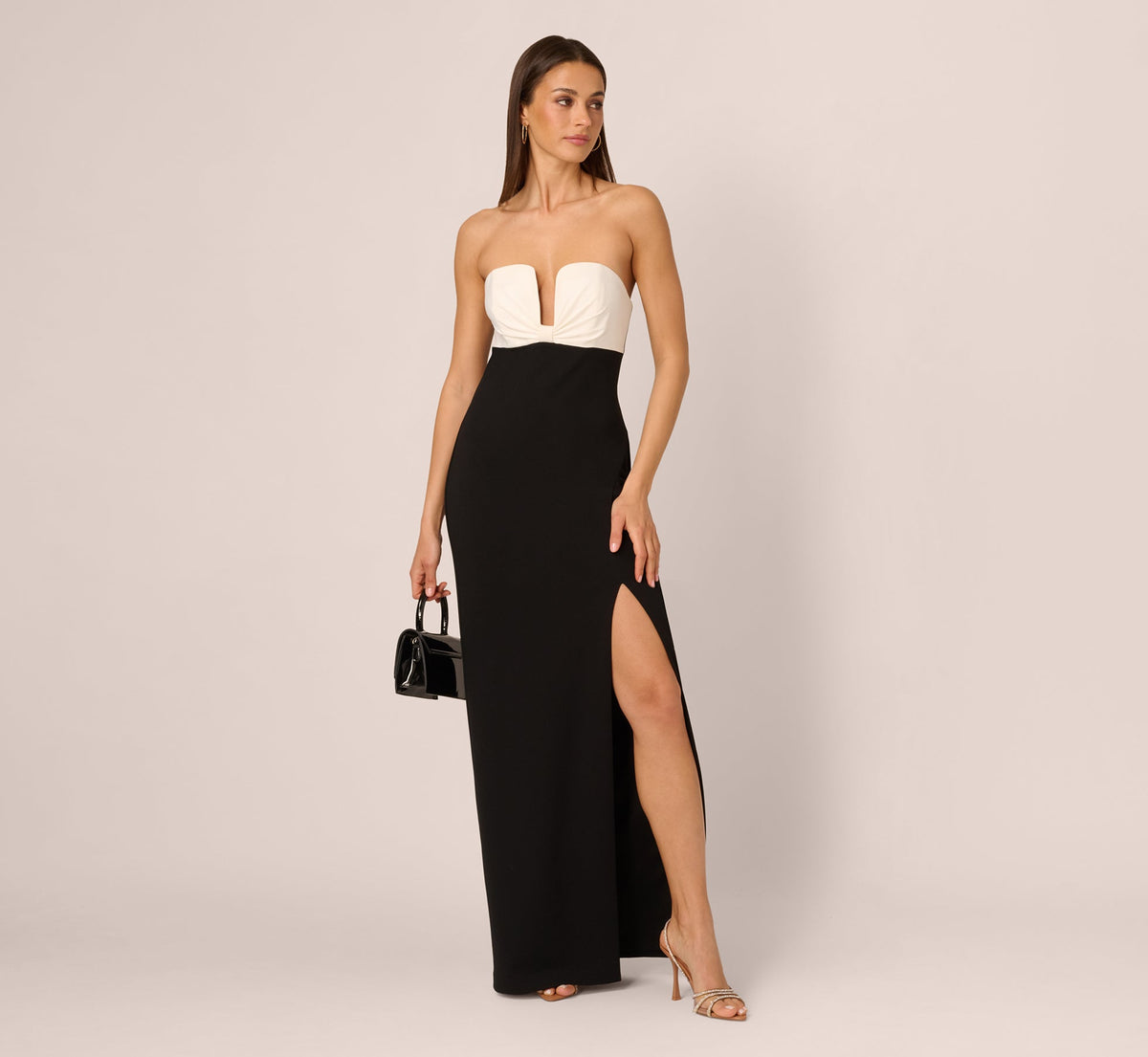 Strapless Plunge Color Block Gown In Black Ivory