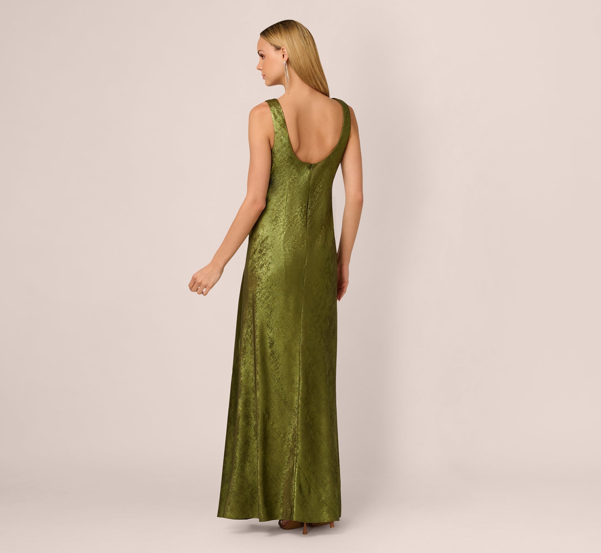 Sleeveless Bias Cut Foil Cowl Gown In Dark Olive