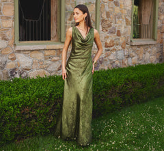 Sleeveless Bias Cut Foil Cowl Gown In Dark Olive